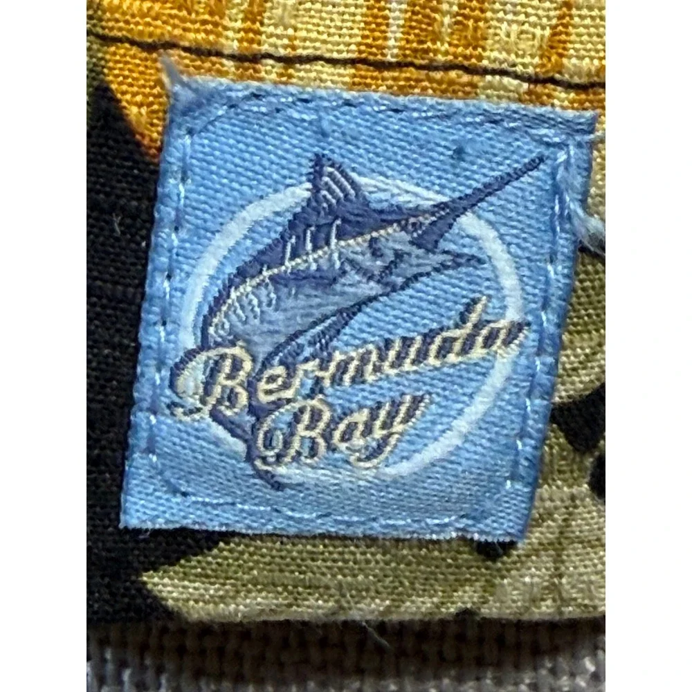 Bermuda Bay Mens XL‎ 100%Silk Hawaiian Shirt Black Yellow Hibiscus Floral Marlin